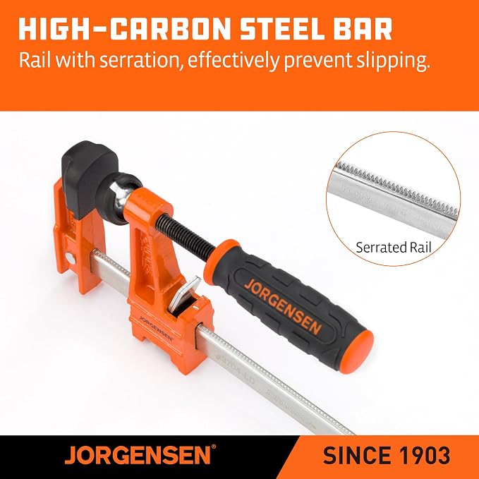 Jorgensen 6 inch Bar Clamp Set, 4 Pack Steel F Clamp Light Duty, 300 lbs Load Limited, for Woodworking, Metalworking, DIY