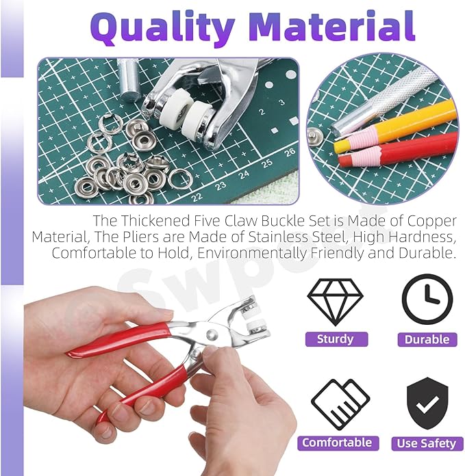 Swpeet 100 Sets 9.5mm/0.37" Silver Hollow Metal Snaps Buttons with Snap Fasteners Pliers Pull Crayons Tape Measure Assortment Kit, Leather Snap Button Fasteners Tools Kit for Clothing Sewing Crafting