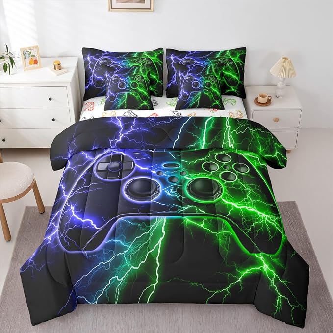 Erosebridal Gamer Twin Comforter Set with Sheets, Gaming 7 Piece Bedding Set Game Boy Games Bed in a Bag, Blue Green Lightning Room Decor,Kids Room Decor
