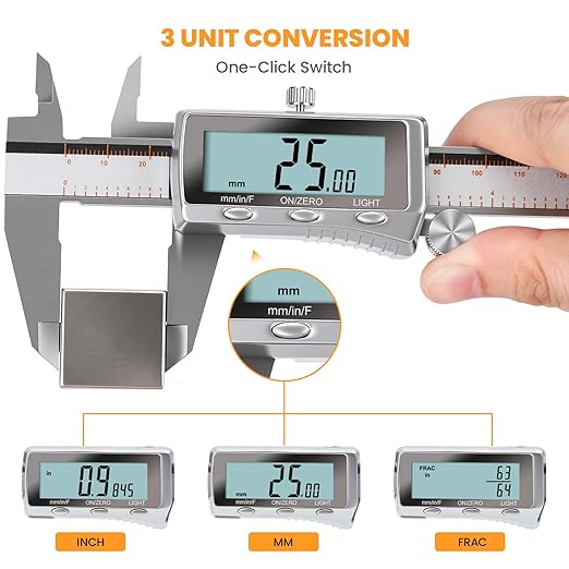HARDELL Digital Caliper, Rechargeable Caliper Measuring Tool with Backlight LCD Screen, All Metal Calipers, Auto-Off Digital Micrometer, Inch/MM/Fraction for Household/3D-Printing-Rechargeable 6 Inch