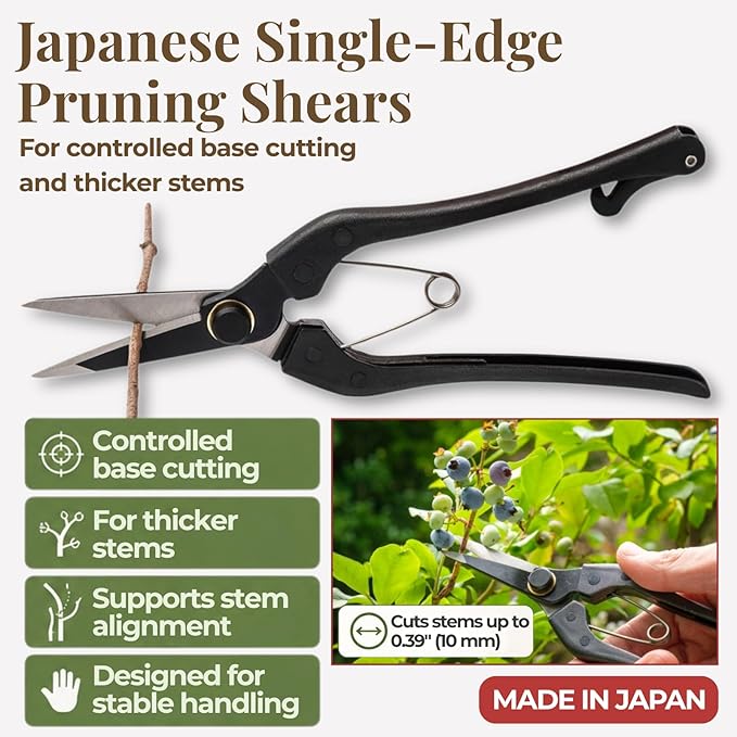 Wablade Japanese Pruning Shears Single-Edge, 8.2-Inch Precision Pruning Scissors for Thicker Stems & Base Cutting, Cuts Up to 0.39" (10 mm), Forged Alloy Steel Blade, Made in Japan
