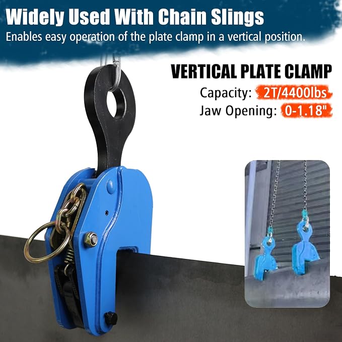 Vertical Plate Lifting Clamp,4400lbs Capacity Heavy Duty Steel Plate Clamp 2T with 0.8 Inch Jaw Opening, Industrial Lifting Clamp for Sheet Metal and Steel Plate Handling