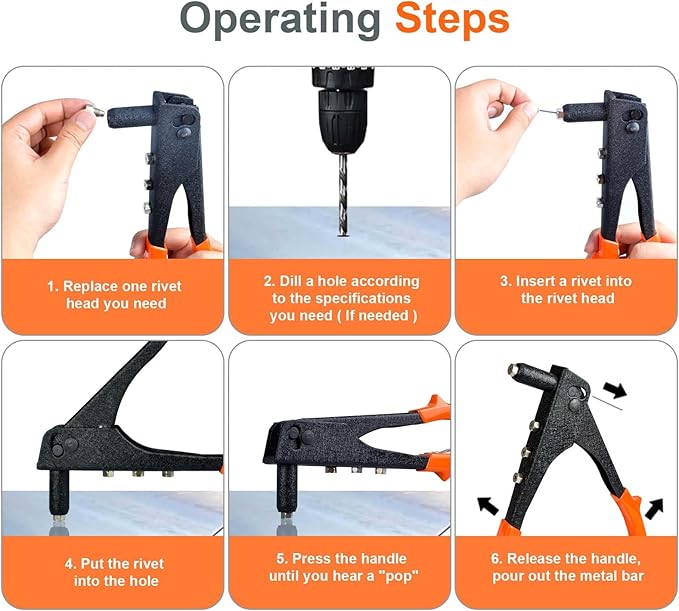 Rivet Gun, Manual Pop Rivet Gun with 4 Replaceable Nosepieces & 200 PCS Rivets, Hand Riveter for Automotive, Furniture, DIY & Metal Working
