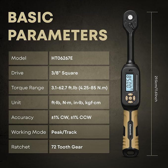 Digital Torque Wrench 3/8 Drive, 3.1-62.7ft-lb ±1% Accuracy Inch Pound Torque Wrench with Buzzer and LED Torque Wrench Set with Bits & Spark Plug Socket for Motorcycle, Car Repair Desert Tan