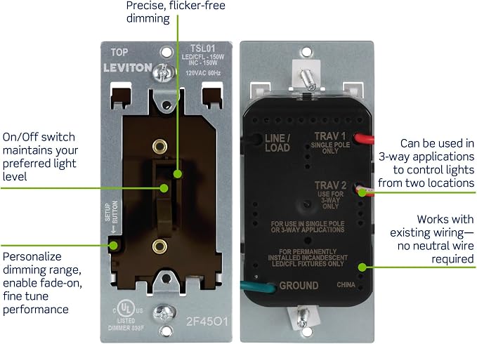 Leviton Toggle Slide LED Advanced Dimmer Switch for 150W Dimmable LED, Halogen and Incandescent Bulbs and Fixtures, TSL01-10B, Brown