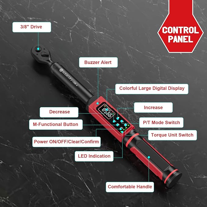 SUERCUP 3/8-inch Digital Torque Wrench(1.5-99.6Ft.Lb/2-135Nm) ±1% Accuracy Digital Torque Wrench with Vibration, Buzzer,LED Notification and Five Units of Measure, for Motorcycle, Auto Repair