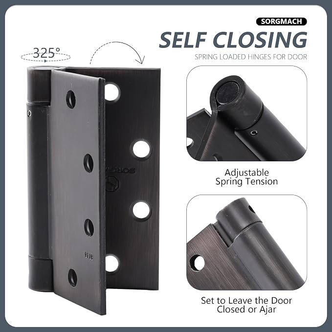 Self Closing Door Hinges 3 Pieces 4-1/2 Inch Oil Rubbed Bronze Auto Close Hinge Adjustable Spring Hinges Square Corner Commercial Door Closer Hinge Iron
