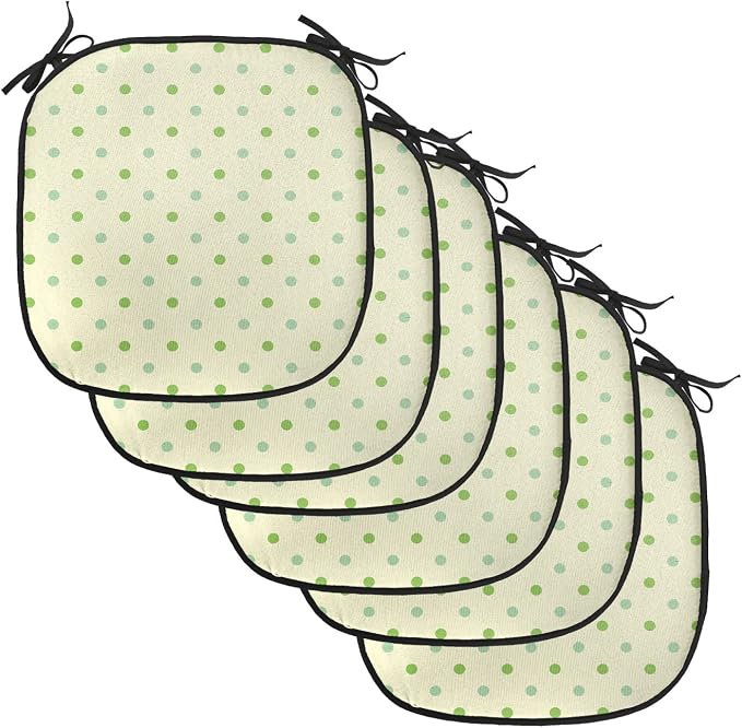 Lunarable Geometric Chair Cushion Pads Set of 6, Polka Dots Spots Classic Style Trendsetting Simple Monochrome Art, Anti-Slip Seat Padding for Kitchen & Patio, 16"x16", Pale Green Fern Green