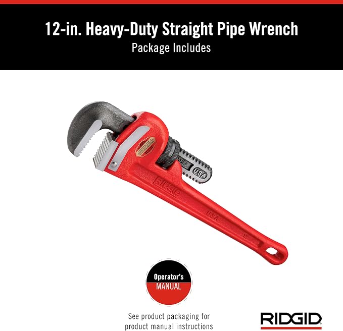 RIDGID 31015 Heavy-Duty Straight Pipe Wrench, 12" Sturdy Plumbing Wrench with Self Cleaning Threads and Hook Jaws, Red, Small