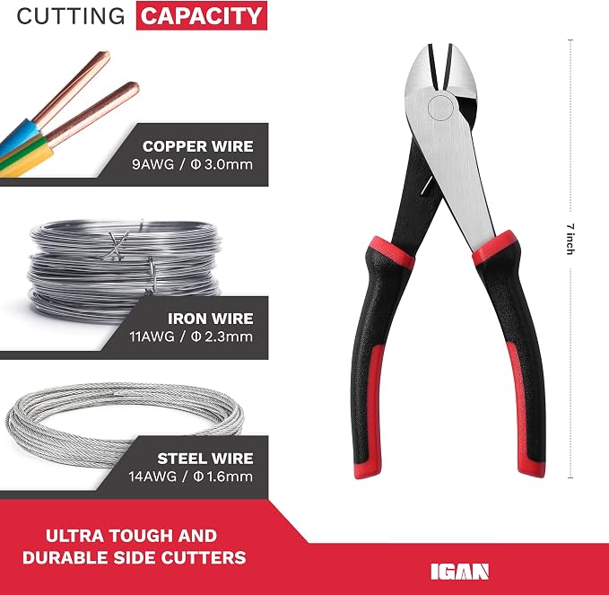 IGAN Wire Cutters Heavy Duty (Pack of 4), 7-inch Side Cutters Dikes, Ultra Tough and Durable Diagonal Cutters with Spring-loaded, Ideal Cutting Pliers for Electricians and Homes