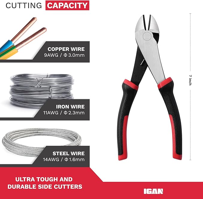 IGAN 7-inch Wire Cutters, Spring-loaded Side Cutters Dikes, Ultra Tough and Durable Diagonal Cutting Pliers in CRV Steel, Heavy Duty Cutting Pliers for Electrical, Artificial Flowers and Homes