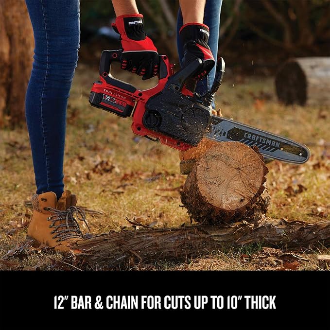CRAFTSMAN V20 Cordless Chainsaw, 12-Inch Electric Chainsaw, Battery Powered, Battery and Charger Included (CMCCS620M1)