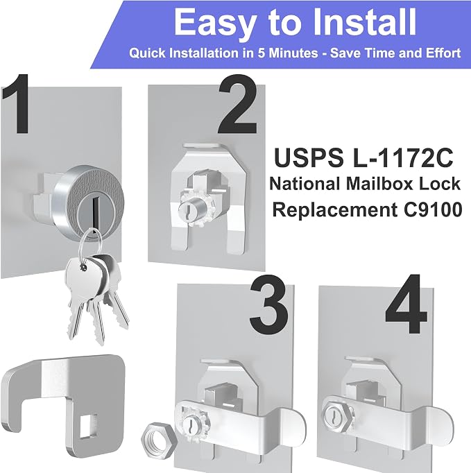 3 Pack L-1172C Mailbox Lock Replacement C9100, Mailbox Lock with Keys Replacement for USPS Mailbox Key Lock, 3 Keys and C7120 Cam