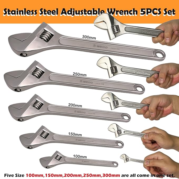 WEDO 5PCS Adjustable Wrench Set 4",6",8",10",12",Stainless Steel | Wide Jaw Spanner,Professional Spanner,Precision Jaws,Corrosion Resistant,For Automotive,Home and Plumbing Repairs