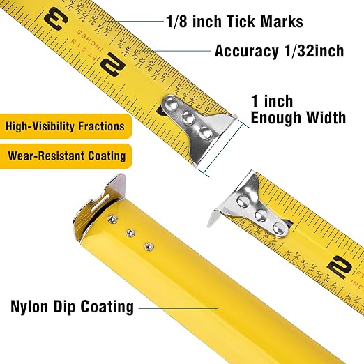 Tape Measure 16 ft, Easy Read Measuring Tape with Fractions 1/8, Retractable 16-Foot by 3/4-Inch Blade with Durable Coating & Impact-Resistant Case for Contractors & DIY - 5 PCS