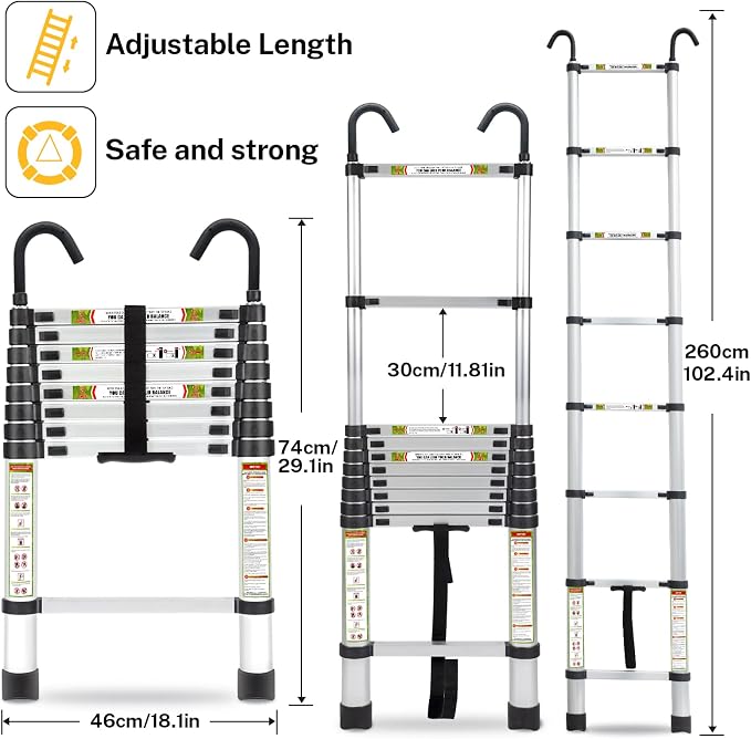 RIKADE Telescopic Ladder, 8.5 ft Aluminum Telescoping Ladder with Non-Slip Feet and Stable Hook, Portable Extension Ladder for Household and Outdoor Working, Max Load 330 lb, Aluminum