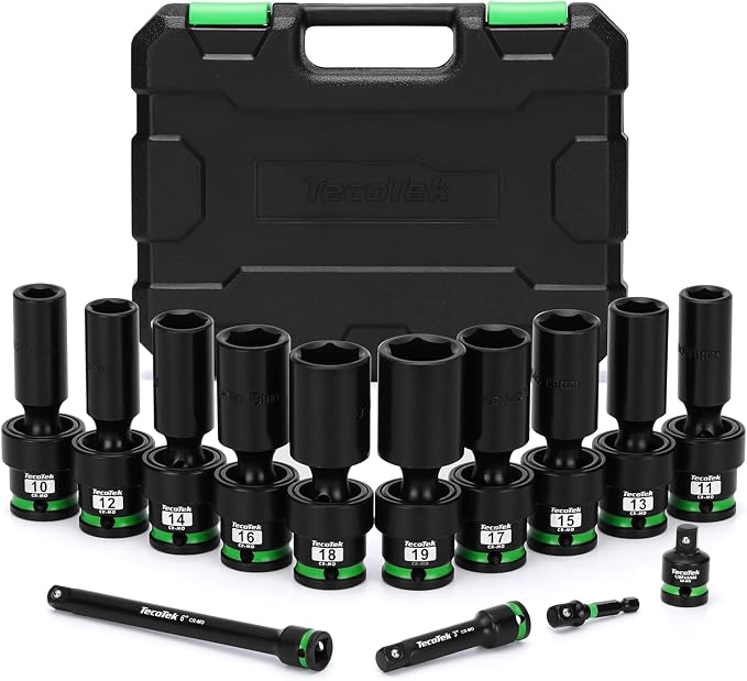 TecoTek 14 PCS 3/8" Drive Deep Universal Impact Socket Set, Swivel Socket Set, 10-19mm, Metric Socket Set with Flexible Wobble, Cr-Mo Steel, Includes Extension Bars and Adapter