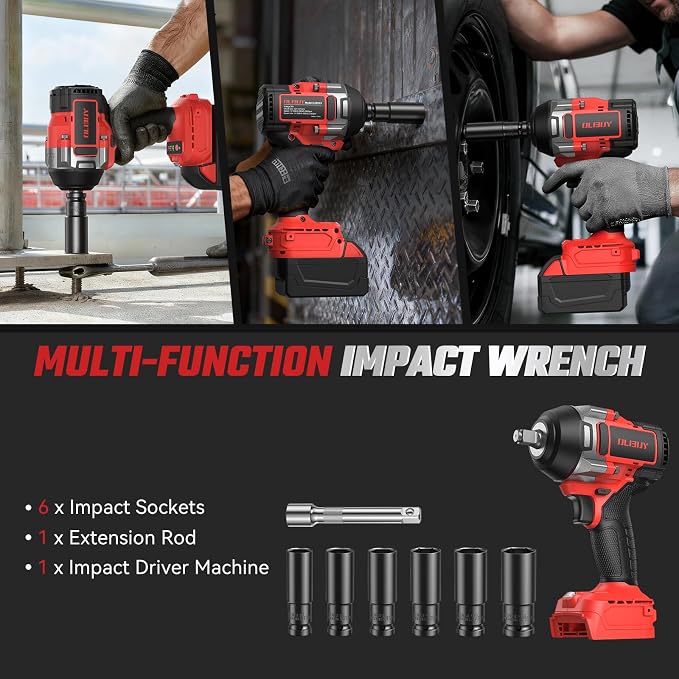 OLIBUY Cordless Impact Wrench for Mwkee M-18 Battery, 1106Ft-lbs (1500N.m) 1/2 Electric Impact Driver, 3 Speed High Torque Impact Gun with 6 Sockets, Impact Wrench for Car Home Mower (No Battery)