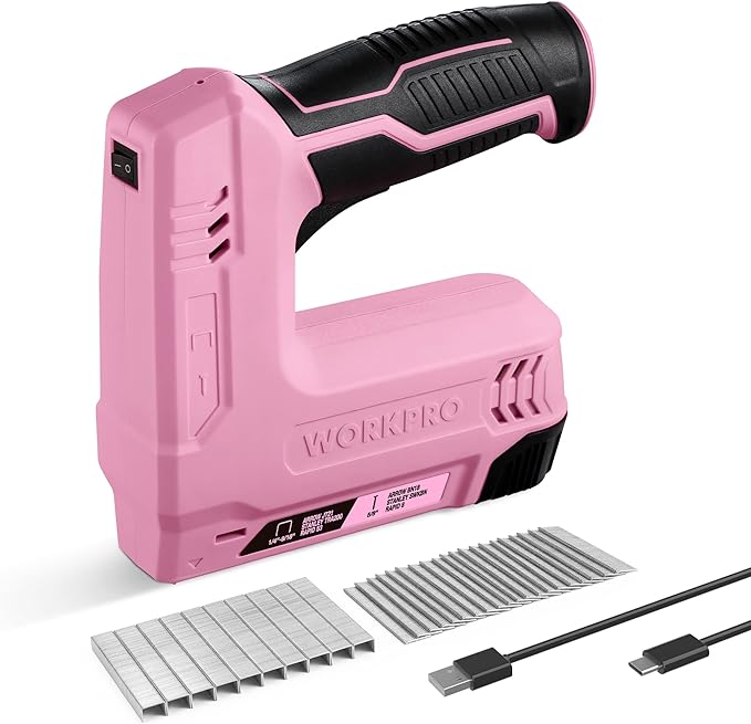WORKPRO Electric Staple Gun, 2-in-1 Brad Nailer Electric with 2000PCS Staples Nails & USB Charger, 3.6V Staple Gun for Upholstering, Crafts, Carpentry, DIY, Pink Ribbon