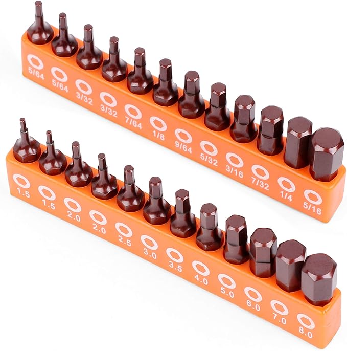 Amartisan 20-Piece Hex Head Allen Wrench Drill Bit Set, Metric and SAE S2 Steel Hex Bits Set, Magnetic Tips, 2.3" Long With Storage box. (24-Piece Hex Head Allen（25mm）)