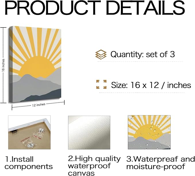 Frimeeme Modern Boho Sun Canvas Wall Art, Set of 3, Yellow and Gray Mountain Sunrise, 12x16 Inch Each, Framed