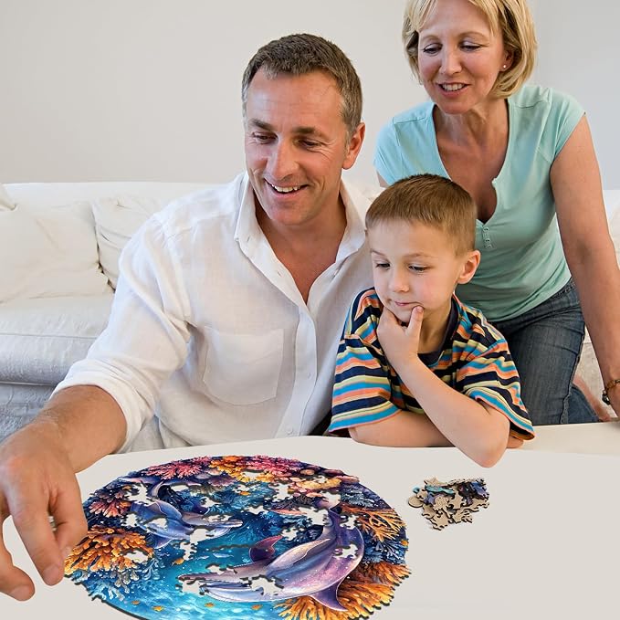 Qiuenisray Wooden Puzzles for Adults, Dolphins Jigsaw Puzzles 200 Pieces, FSC Certified Unique Shape Ocean Adult Puzzles, Irregular Wood Creative Gift for Family Game 11.2 x 11.2 in