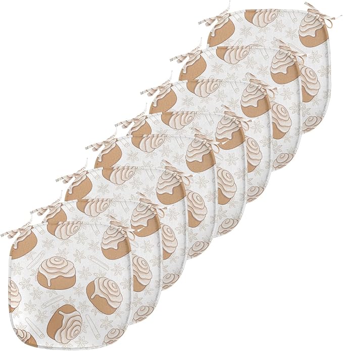 Lunarable Cinnamon Chair Seating Cushion Set of 8, Floral Pattern with Floating Tasty Rolls Dessert Bakery Themed Pattern, Anti-Slip Seat Padding for Kitchen & Patio, 16"x16", Sand Brown Champagne