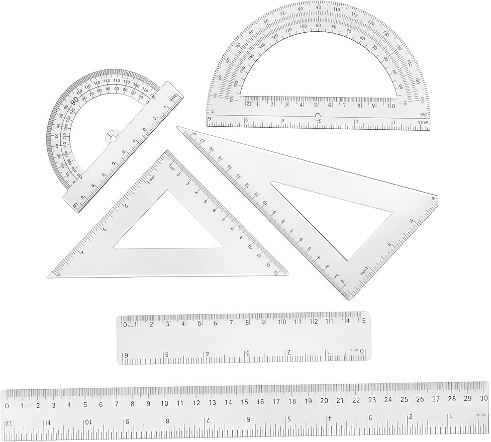 1 Set Clear Math Set, Plastic Protractor Triangle Rulers 12 Inch Straight Geometry, Transparent Measuring Tool for School Office Home Supplies