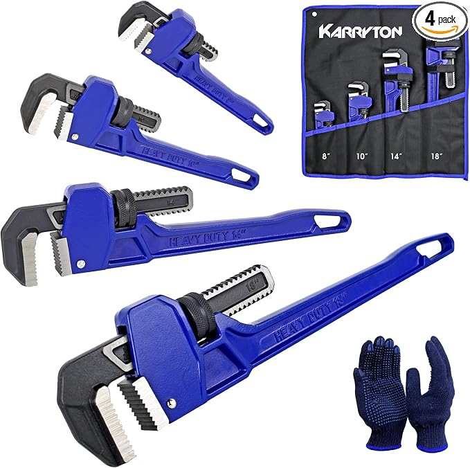 Pipe Wrench set,8" 10" 14" 18" Adjustable Jaw Opening Cast Iron Straight Handle Plumbing Wrench, Perfect Plumbers Tool for Oil Field, Plumbing, Auto Repair, Construction and Mechanics