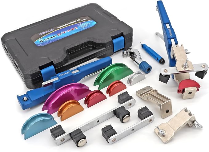 CARVALAX 90° Ratcheting Tube Bender Kit - 7 Color-Coded Aluminum Heads for 1/4" to 7/8" Pipes, Reverse-Bend Adapters & Portable Toolbox, Tube Cutter & Deburring for HVAC/Heating Repair (Blue）