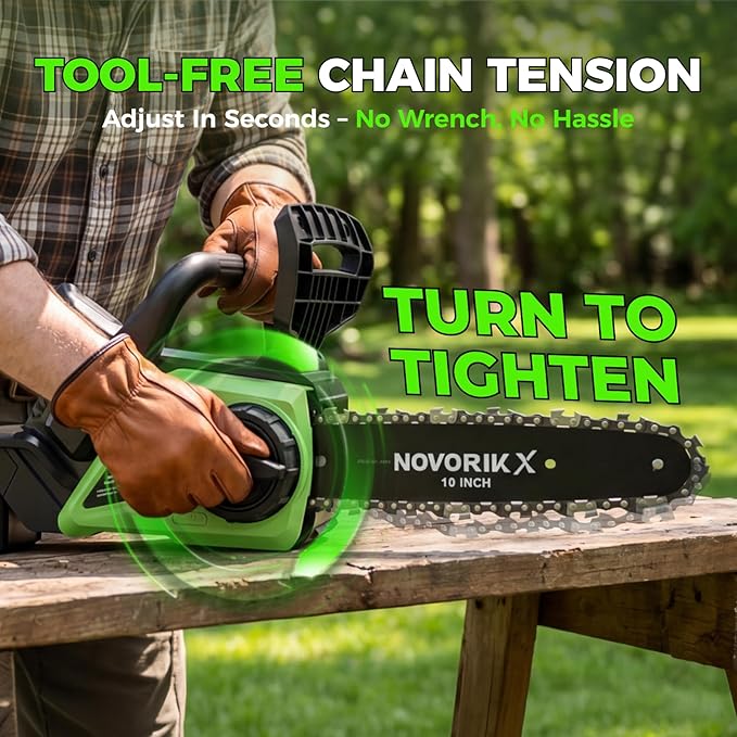 NovorikX 20V Cordless Chainsaw, 10-Inch Electric Chain Saw with 4.0Ah Battery & Charger, Auto Oiler, Tool-Free Chain Tension for Tree Trimming, Branch Cutting & Yard Work