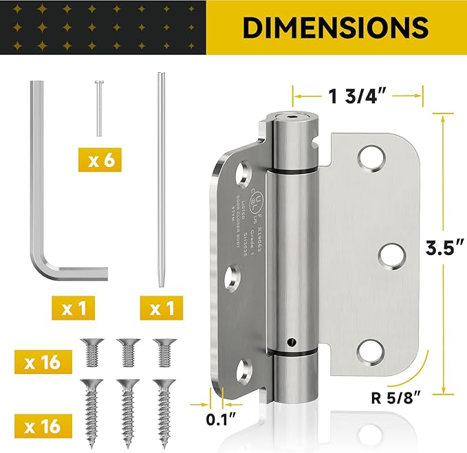2 Pack Self Closing Door Hinges, 3.5 Inch Spring Loaded Door Hinges for Garage, Front, Back Door, Left/Right Hand, Adjustable Tension, 5/8'' Radius Corners, UL Listed, Brushed Nickel