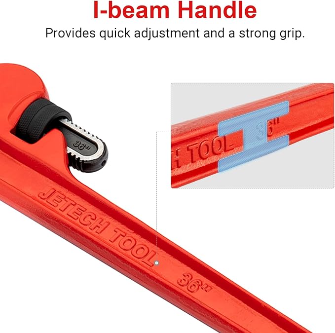 Jetech 36-Inch Heavy Duty Straight Pipe Wrench, Adjustable Aluminum Plumber Wrench with Floating Hook Jaw, Rust Resistant Red I-Beam Handle for Industrial Plumbing