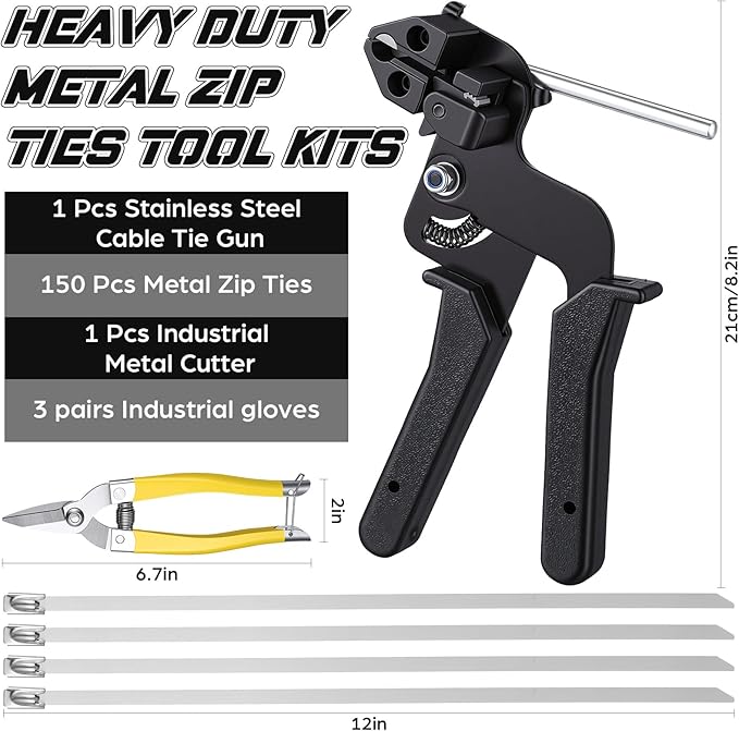 155 Pack Stainless Steel Cable Tie Gun Kit, 150 Pcs 11.8 Inch Metal Zip Ties, Adjustable Fastening and Cutting Tools for Fence, Chain Link Fence, Pipe, Industrial Use
