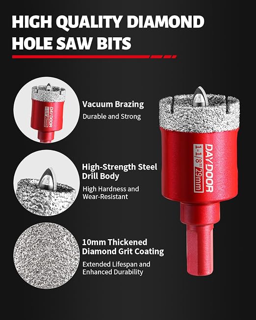 DAYDOOR 1-1/8" Diamond Hole Saw Bits with Pilot Drill Bit-2pcs 29mm Diamond Tile Hole Saw with Guiding Bit for Porcelain Tile Ceramic Pottery Granite Stone Glass Bottles(3/8" Triangle Shank)