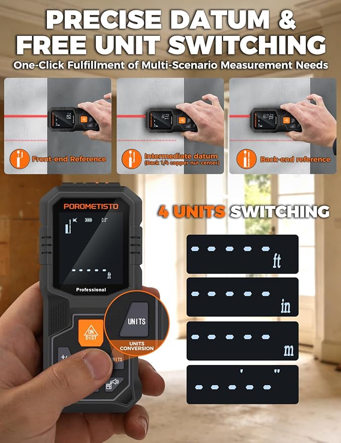 Laser Distance Meter POROMETISTO 262ft/80m, Digital Angle Finder,12 Modes for Angle Area Volume Pythagorean Distance, ±2mm High Accuracy, Tripod Interface Design Handheld Digital Rangefinder