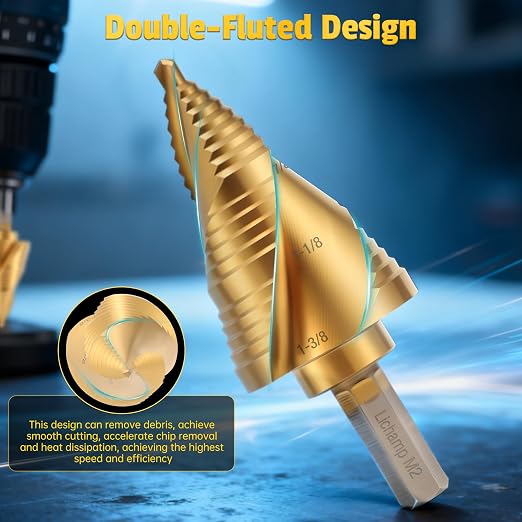 Lichamp Unibit Step Drill Bit for Metal, Genuine HSS M2 Drill Stepper Bit for Hard Metal Heavy Duty, 19 Sizes from 3/16" to 1-3/8", Spiral Grooved with Hex Drive, C2GD
