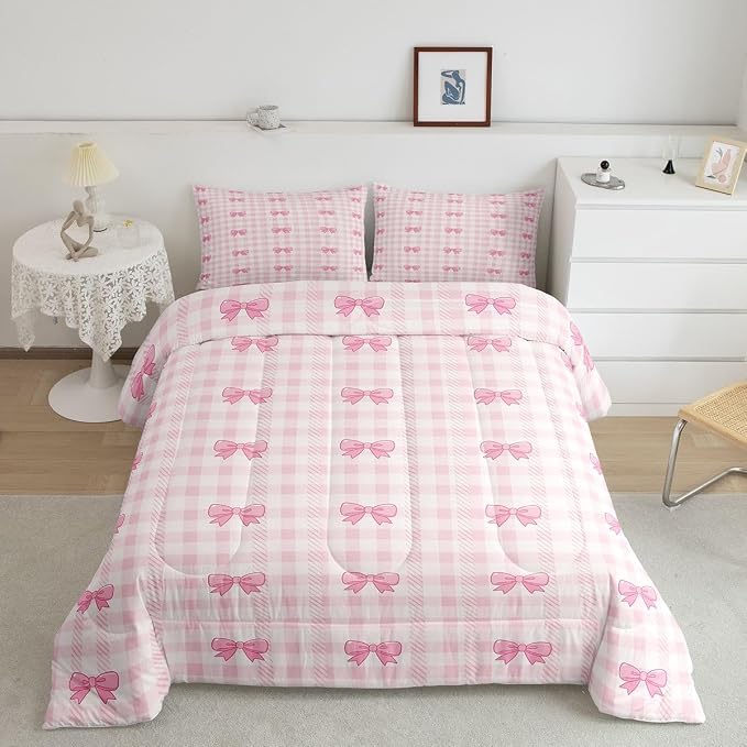 Feelyou Pink Bow Checkered Comforter Set King Size Chic Grid Bowknot Bedding Set for Kids Boys Girls Princess Duvet Quilt Bedroom Decor Microfiber 3 Pcs with 2 Pillow Cases