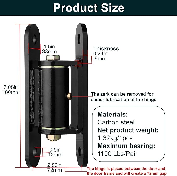 Heavy Duty Gate Hinges ，7in Can Be Bolted or Welded On Heavy Duty Large Wood or Metal Gates, 1100 lbs Max Load,Built-in Roller Bearing Hinges Opened 90° Inward or Outward,2pack