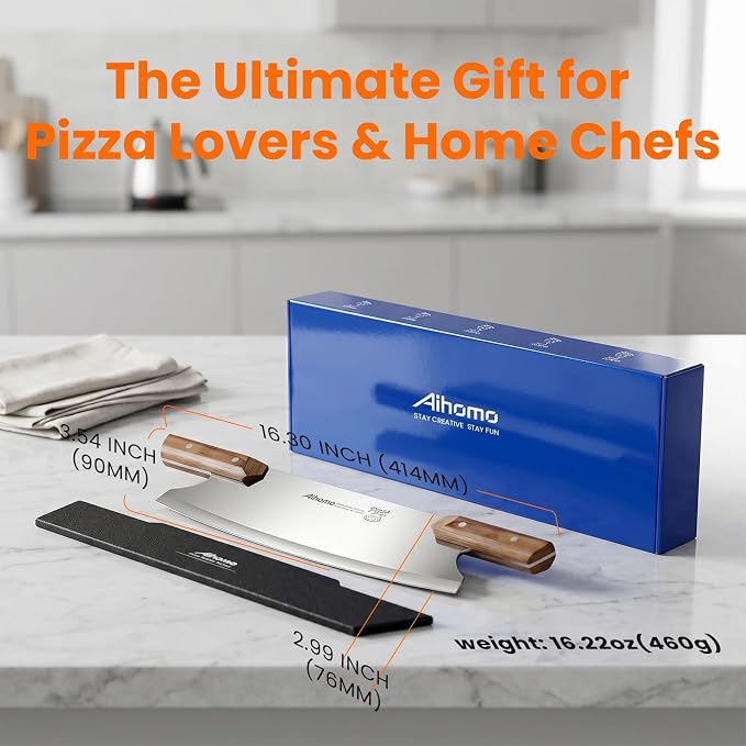 13” Sharp Pizza Cutter Rocker, 420J1 Japanese Stainless Steel Blade Slicer, Double Pakkawood Handle Pizza Knife Rocker with Protective Cover, Easy to Clean