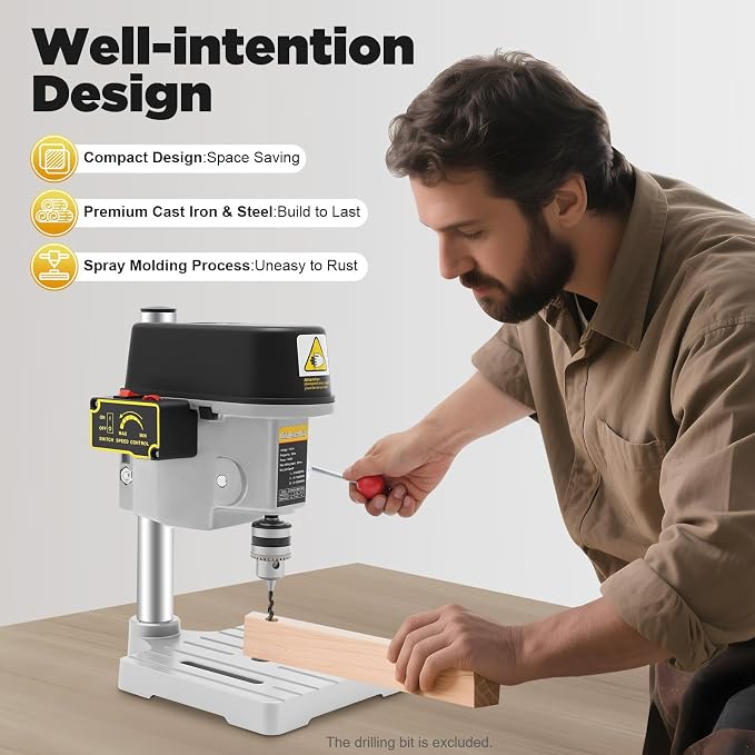 340W Mini Bench Drill Press, 110V 50Hz Portable Bench Machine 3 Speed Drilling Machine, 16,000rpm Electric Mini Bench Top Drill Press for Teaching Experiments, DIY Crafts
