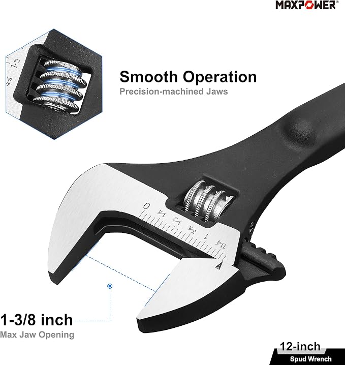 MAXPOWER 12 inch Spud Wrench, Max Jaw Opening 1-3/8 inch | Smooth Jaw, Continuous-tapered Handle for Alignment
