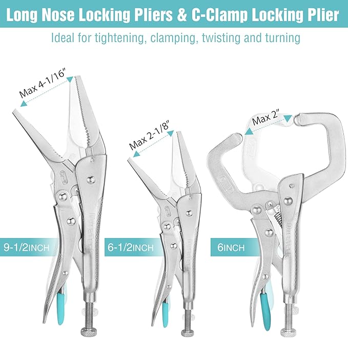 DURATECH 6-Piece Locking Pliers Set, CR-V Steel Vice Grip Pliers, Long Nose, Curved Jaw & C-Clamp, Fast Release, 5" 6" 7" 10" 6-1/2" 9-1/2", with Oxford Roll-Up Pouch