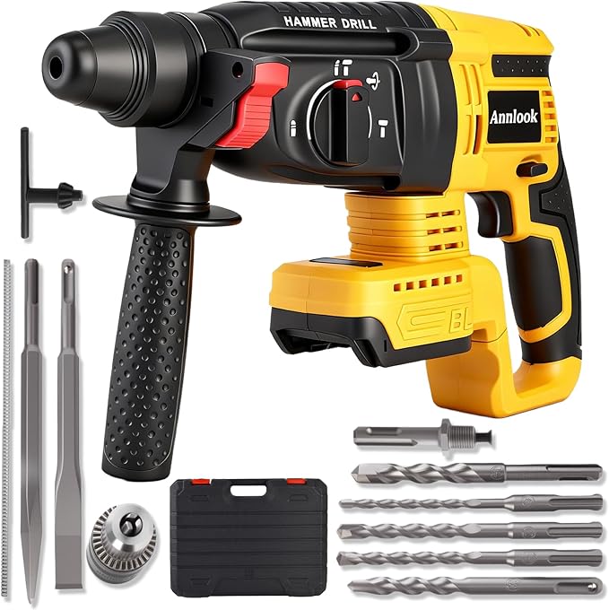 SDS-Plus Cordless Rotary Hammer Drill Compatible with DeWalt 20V MAX Battery (Tool Only), Hammer Drill for Concrete with 4 Functions, Rotomartillo Brushless Motor Includes 5 Drill Bits, 2 Chisels