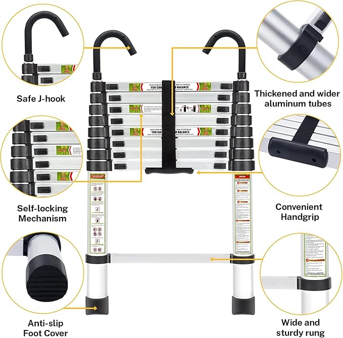 RIKADE Telescopic Ladder, 6.5 ft Aluminum Telescoping Ladder with Non-Slip Feet and Stable Hook, Portable Extension Ladder for Household and Outdoor Working, Max Load 330 lb, Aluminum