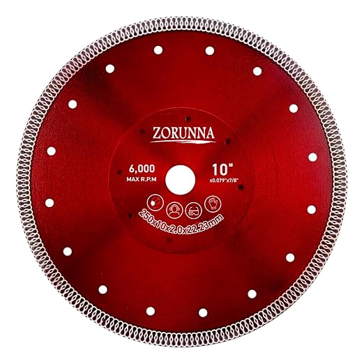 ZORUNNA Diamond Tile Saw Blades,Super Thin 10" Tile Cutting Cutter Blade for Chip-Free Cutting Porcelain Ceramic Granite Marble.