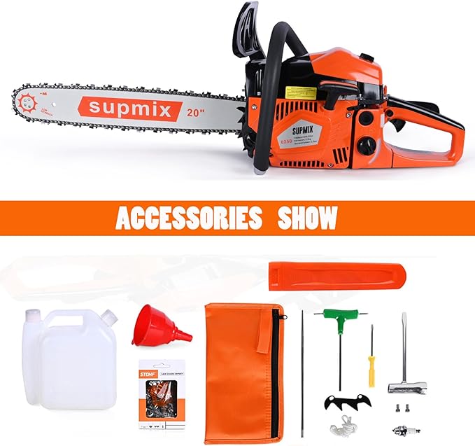 SUPMIXTOOLS 62cc Gas Chainsaw 20 Inch Gas Powered Chainsaws 2-Cycle Petrol Handheld Gasoline Chain Saw Power Saws for Cutting Wood Tree Trimming