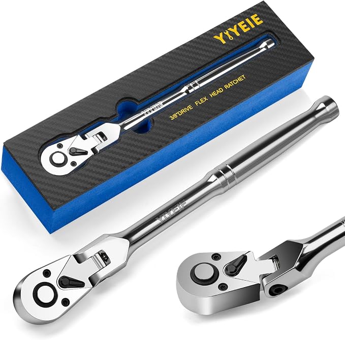YIYEIE 3/8" Drive Flex Head Ratchet, 72 Tooth Swivel Head Ratchet, Quick-Release, CR-V Steel, Flexible Ratchet Wrench with EVA Foam | 10 Inch Long