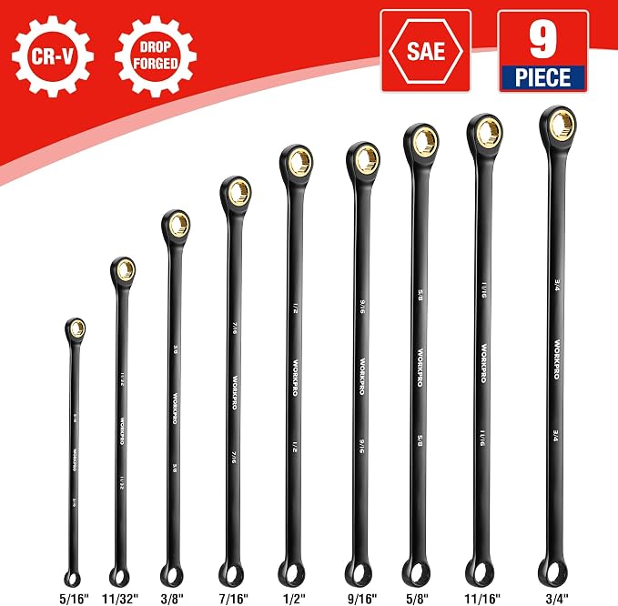WORKPRO Extra Long Ratcheting Wrench Set, 9-Piece Anti-Slip Double Box End Wrench Set, SAE 5/16-3/4 in, 72-Tooth, Cr-V Steel and Black Electrophoretic Coating Wrenches with Rolling Pouch