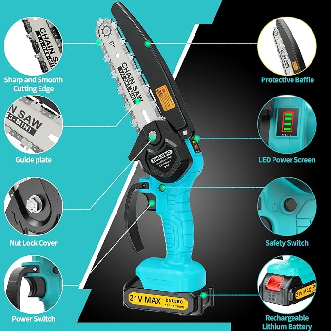 Mini Chainsaw Cordless, 6 IN Lightweight Electric Chainsaw for Wood Cutting | 1*2000mAh Battery, Battery display, Handheld Chain Saw for Branch Trimming, Branch Pruning, Garden Tool Gift for Men, Fathers